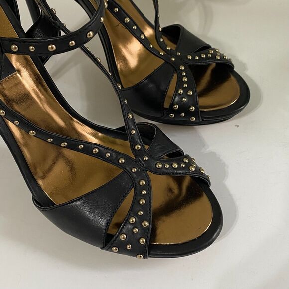 BCBG MAXAZRIA Black Leather Gold Stud Strappy Heels Stilettos Forrester 10B - Picture 2 of 11